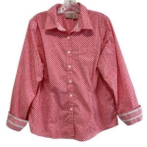 LL Bean Pink Polka Dot Contrast Cuff Button Up Top Size L Cotton Casual Travel‎